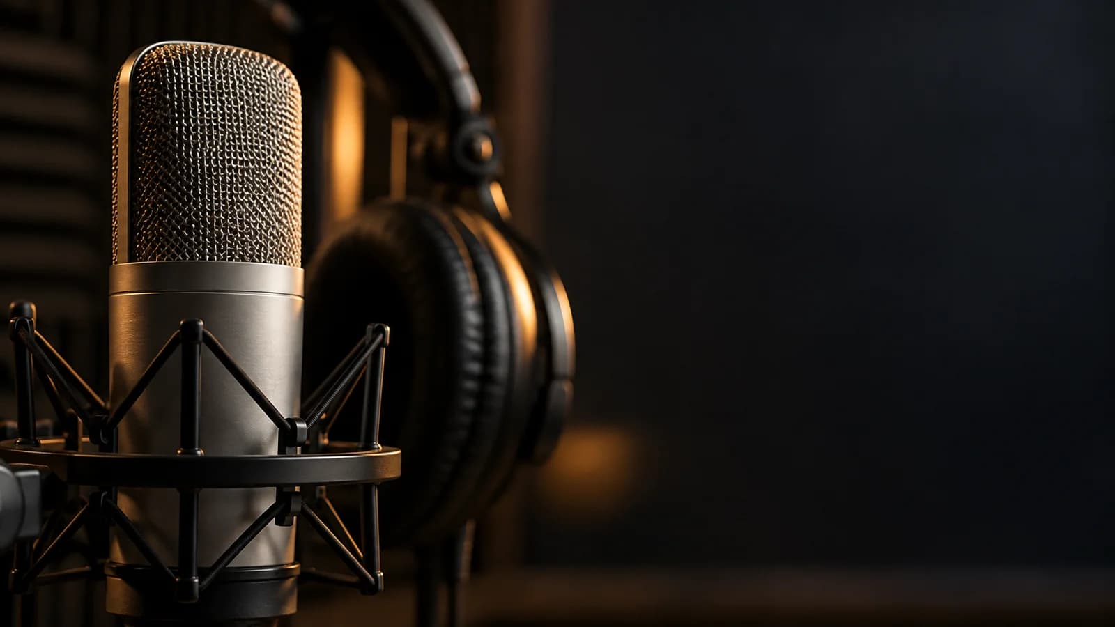 A silver microphone and headphones in a warmly lit recording studio
