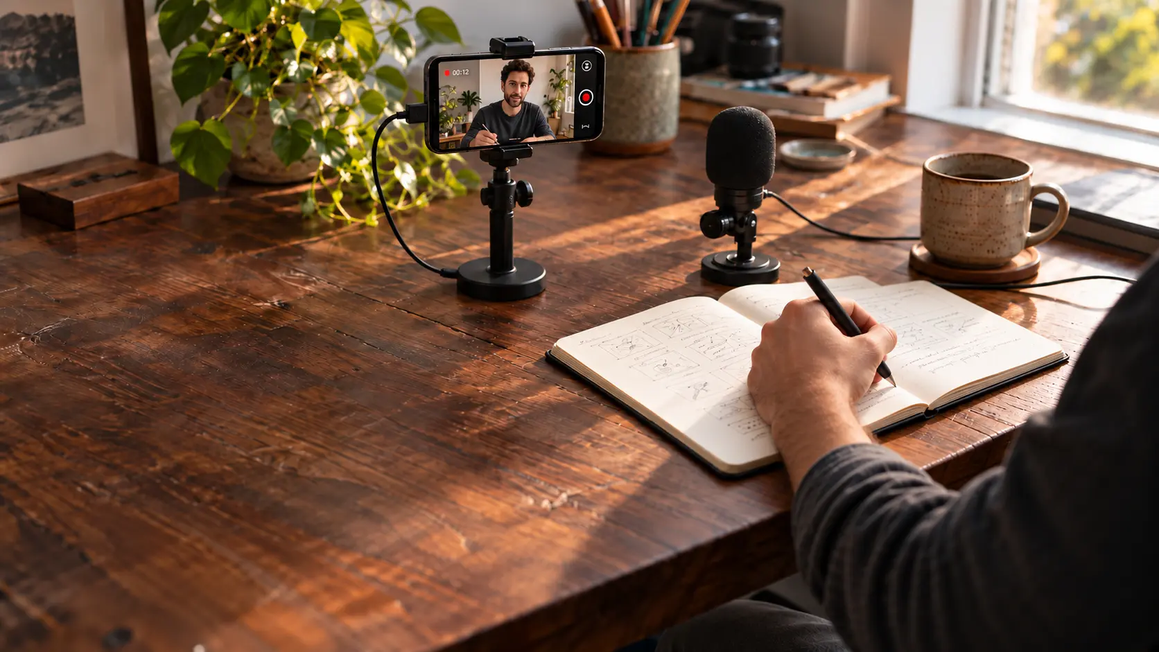 A creator's notebook, phone and microphone at a sunlit wooden workbench