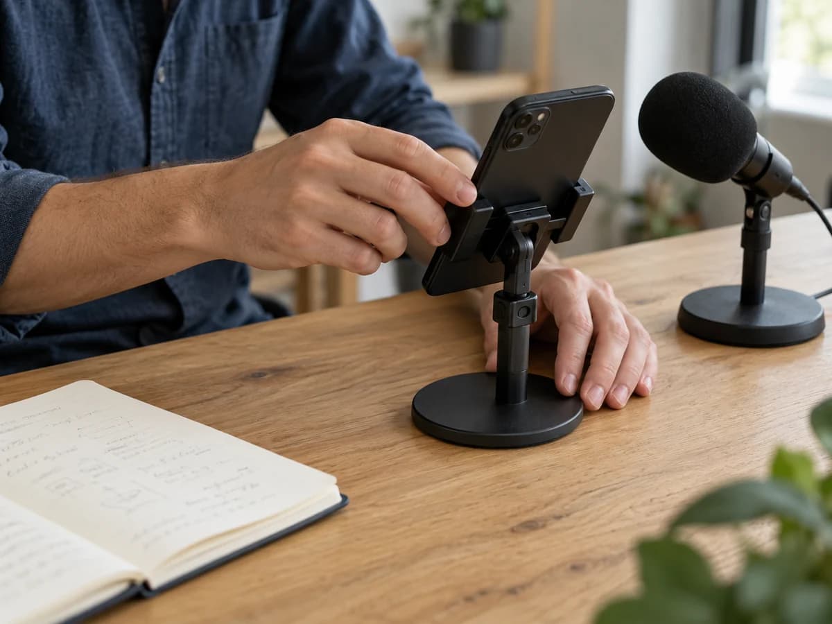 A hands-on tutorial recording setup with a notebook, microphone and practical materials